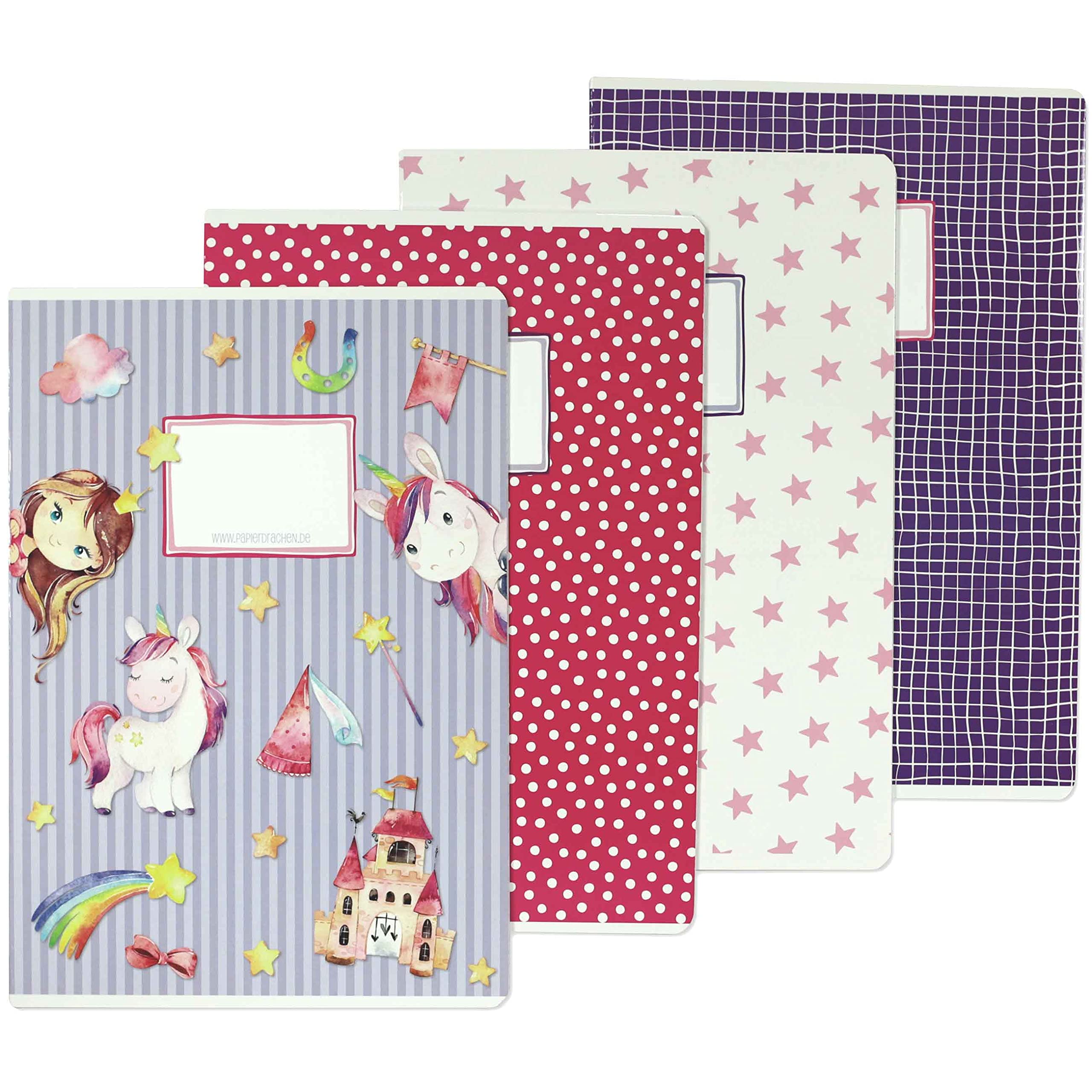 Papierdrachen 4 exercise books for children DIN A4 | lined and squared 32 pages - unicorn design - for the start of school for primary school pupils - set number 2-16 sheets