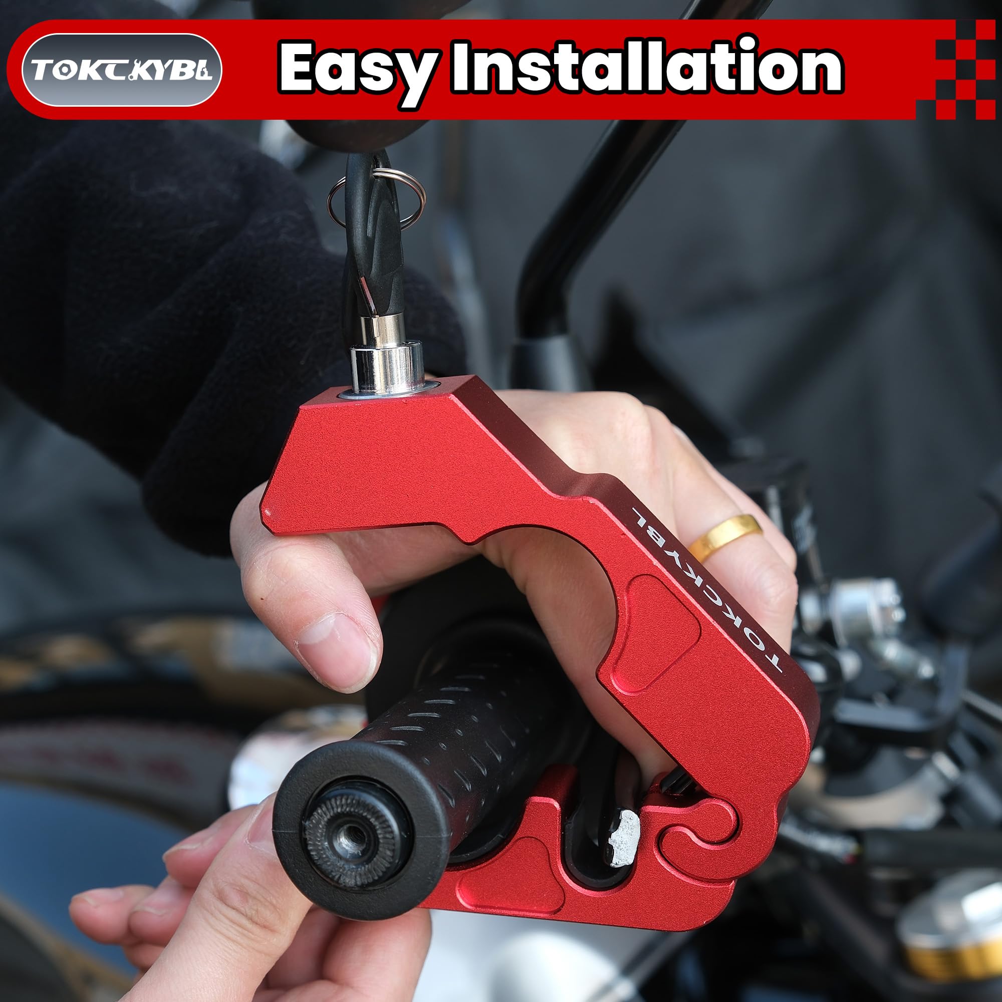 TOKCKYBL Motorcycle Lock, Heavy Duty Anti Theft Helmet, Brake and Handlebar Lock, Universal for Motorcycles, ATVs, Dirt Bikes, Mopeds，Scooters, Red