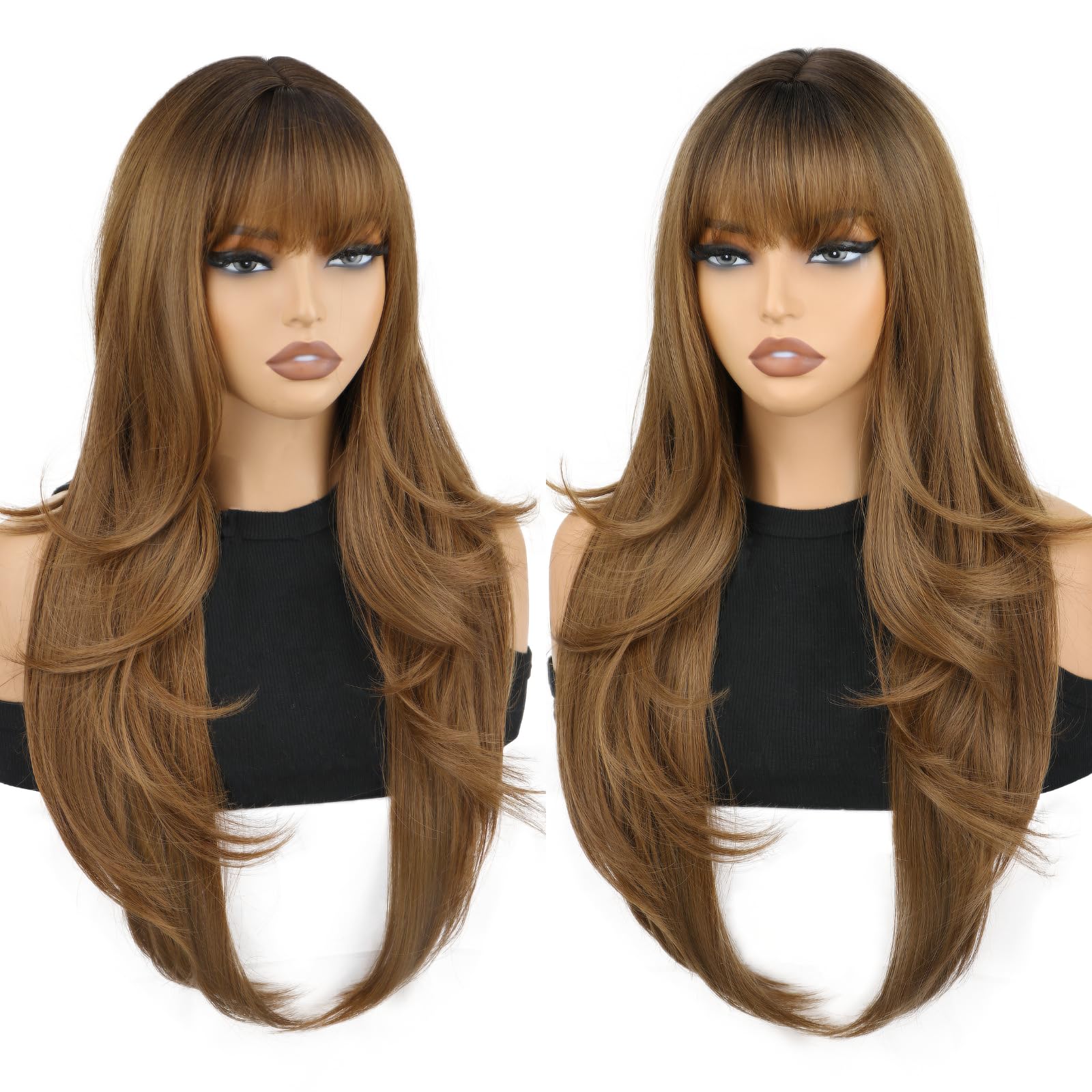 Photo 1 of SUKRI Brown Wig with Bangs for Women Ombre Brown Wig with Dark Roots 26 Inch Long Layered Curly Wig Heat Resistant Synthetic Wig for Daily Use