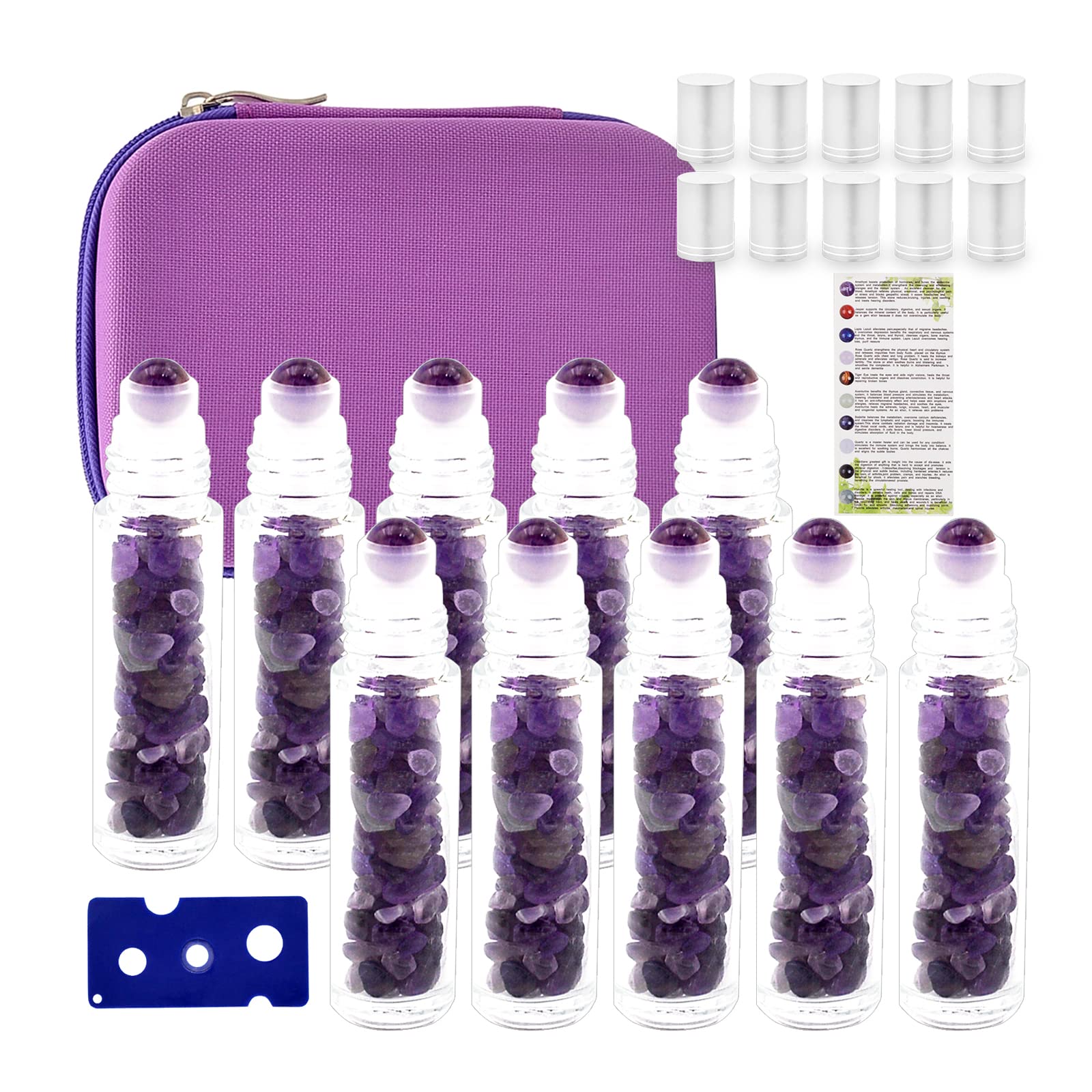 Juanxian 10pcs 10ML Clear Glass Bottles w Free Carrying Case Natural Semiprecious Stones Essential Oil Gemstone Roller Ball Healing Crystal Chips Inside（Amethyst）