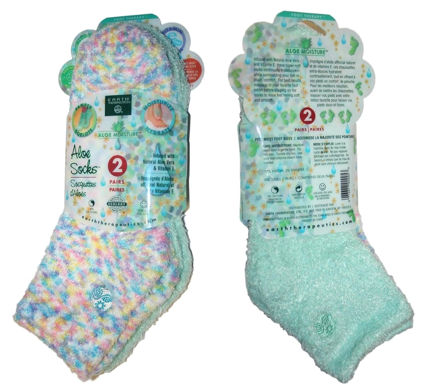Earth Therapeutics Aloe Socks - Double Pack Socks - Confetti Green - 2 Pairs : Beauty