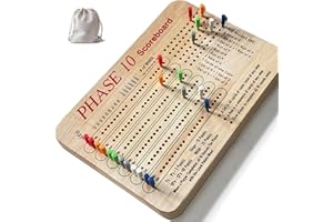 Tuiiopoli Score Board for Phase 10, Thicken Real Quailty Hardwood Oak Scoreboard with 6 Colored Pegs Wooden Score Sheets Tracker Board Party Family Night Oak Accessories Board