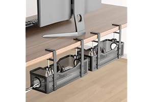 2 Pack Under Desk Cable Management Box Black, Cinati Wire Organizers No Drill, Cord Organization Tray with Clamp for Office, Home - No Damage to Desk