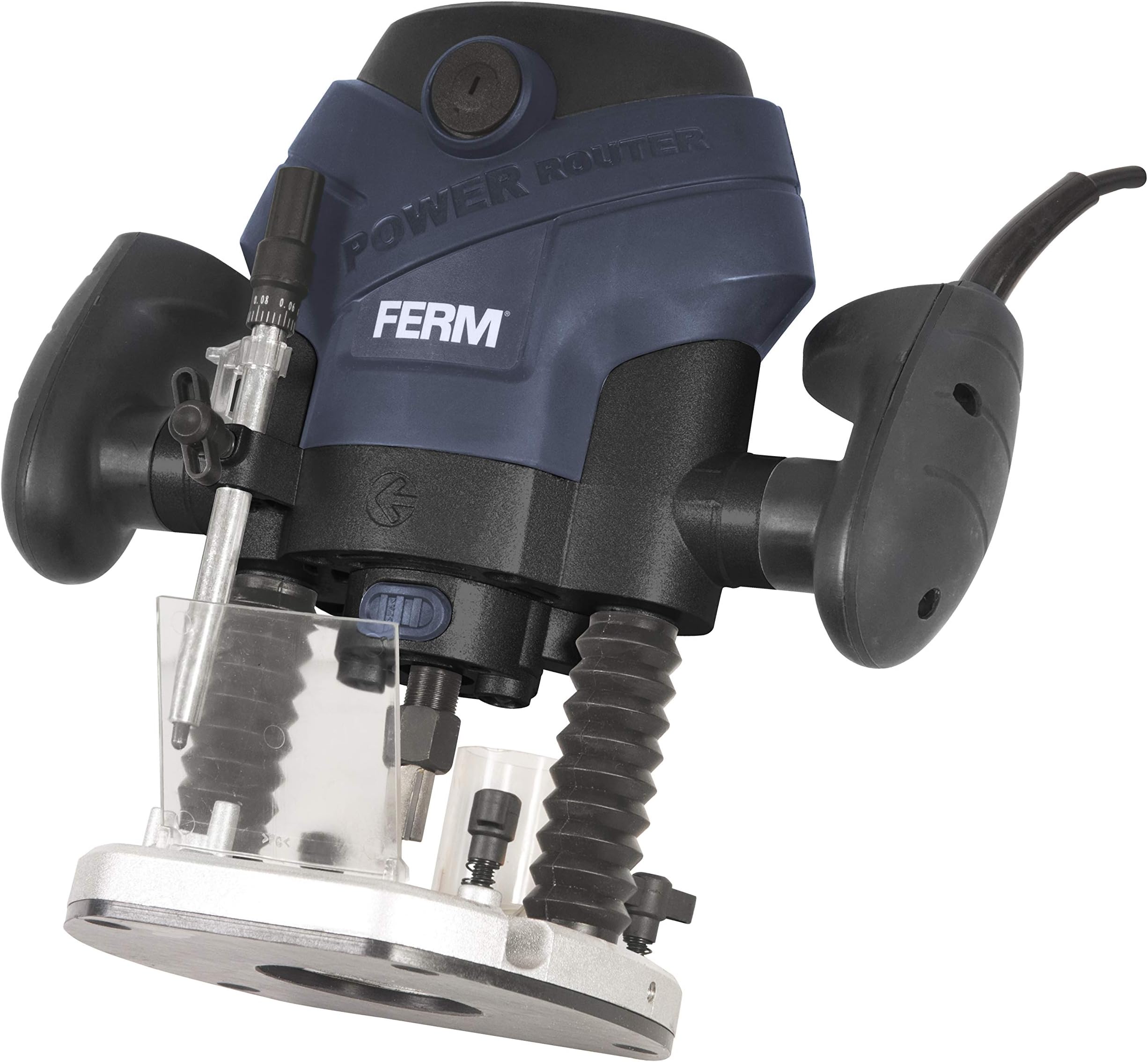 FERM PRM1015 Precision Router, Plunge Router 1300W, Collet Dia 6-8mm, LED Worklight, Dust Extraction, comes with Parallel and Template Guide, Blue