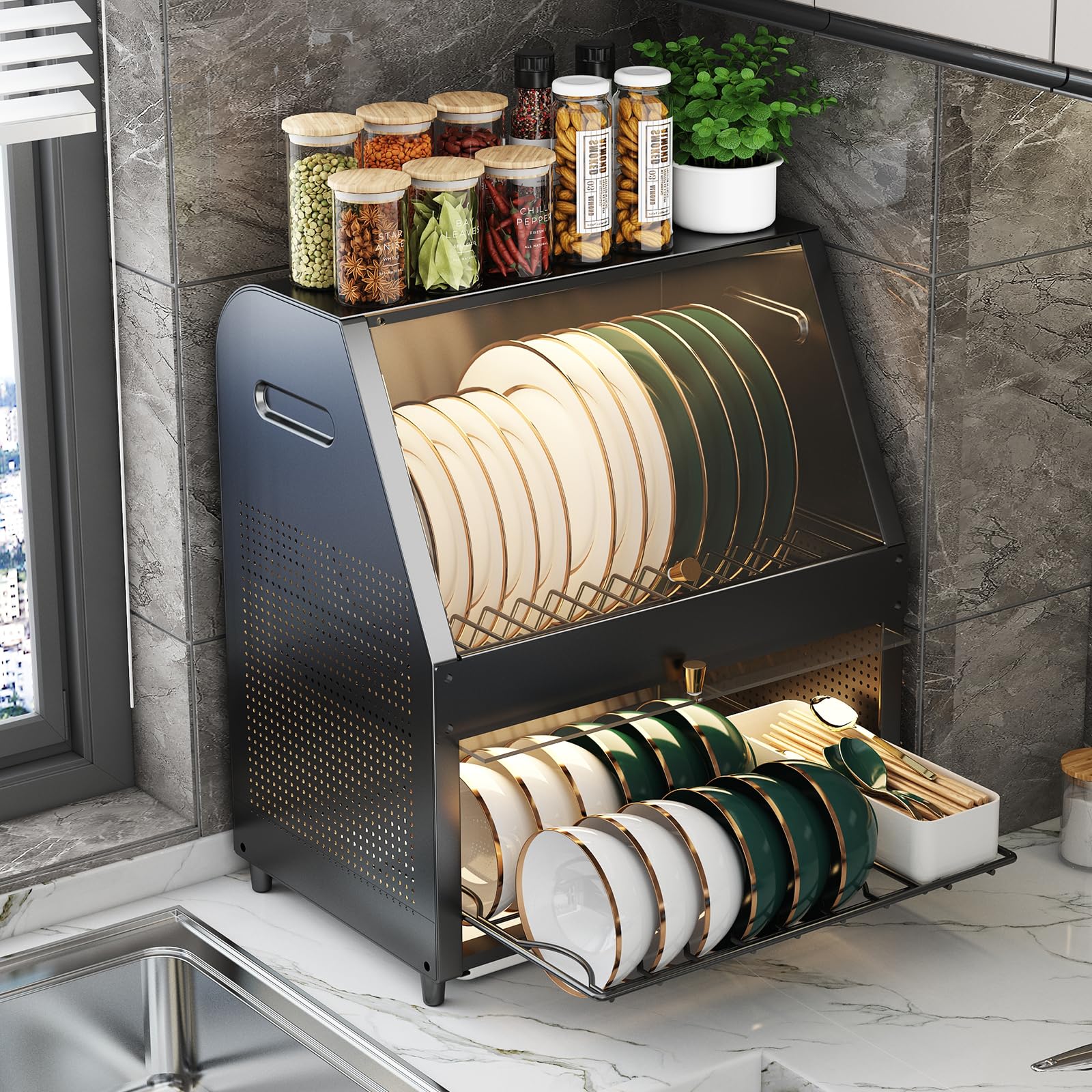 CXTRYN 2 Tier Dish Drying Rack - Space-Saving Dish