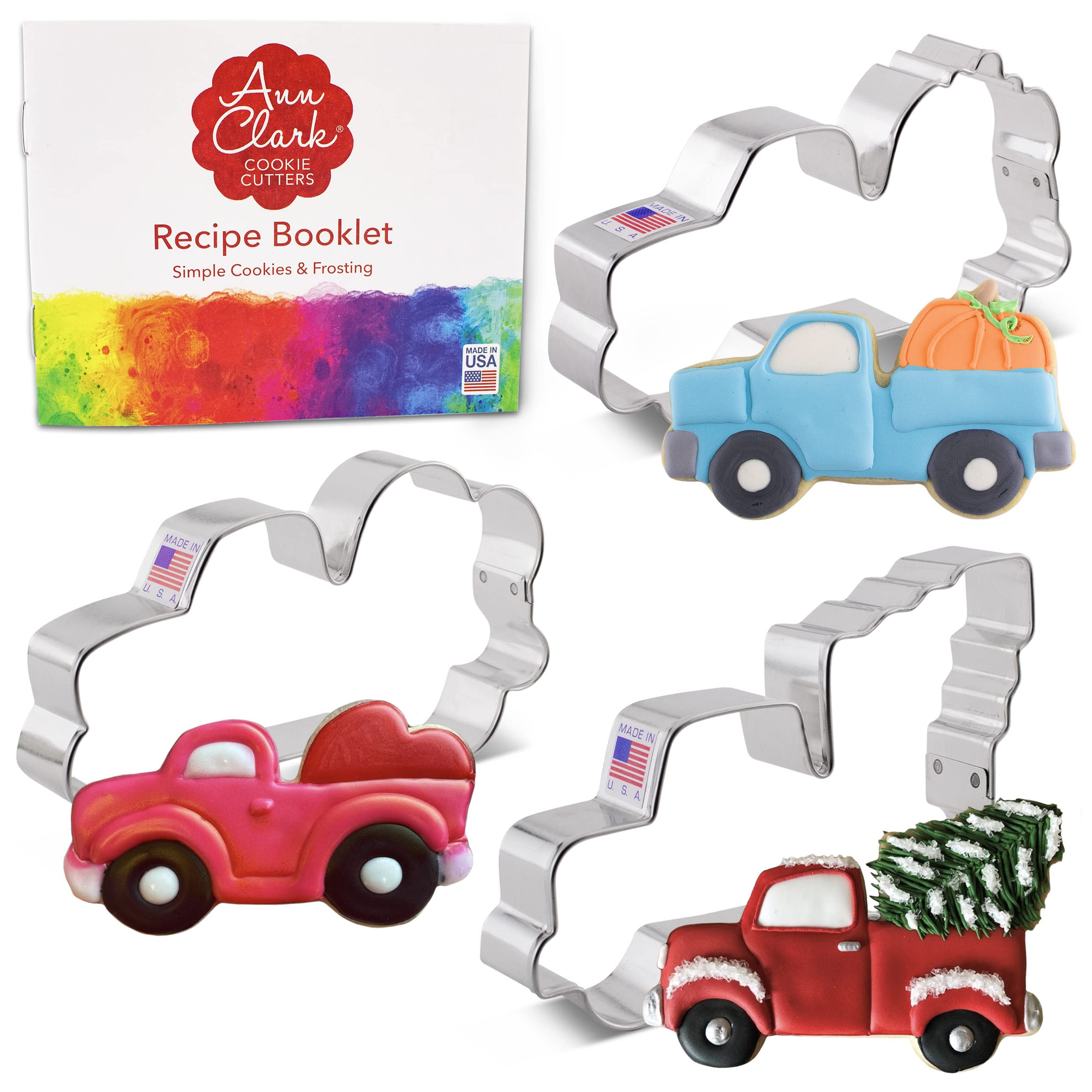 Ann Clark Vintage Truck Cookie Cutters 3-Pc. Set Made in the USA, Harvest Truck with Pumpkin, Vintage Truck with Christmas Tree & Heart