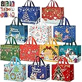 WLUSEAXI 12 Pack Large Christmas Bags with 24 Gift Tags, Reusable Christmas Tote Bags with Handles, 12.6"x9.8"x6.7" for Gifts Wrapping, Holiday Party Favor
