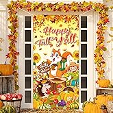 HOWAF Happy Fall Y'all Door Cover - Fall Harvest Party Decoration Door Banner with Maple Leaves Pumpkin Sunflowers for Thanksgiving Outdoor Decor