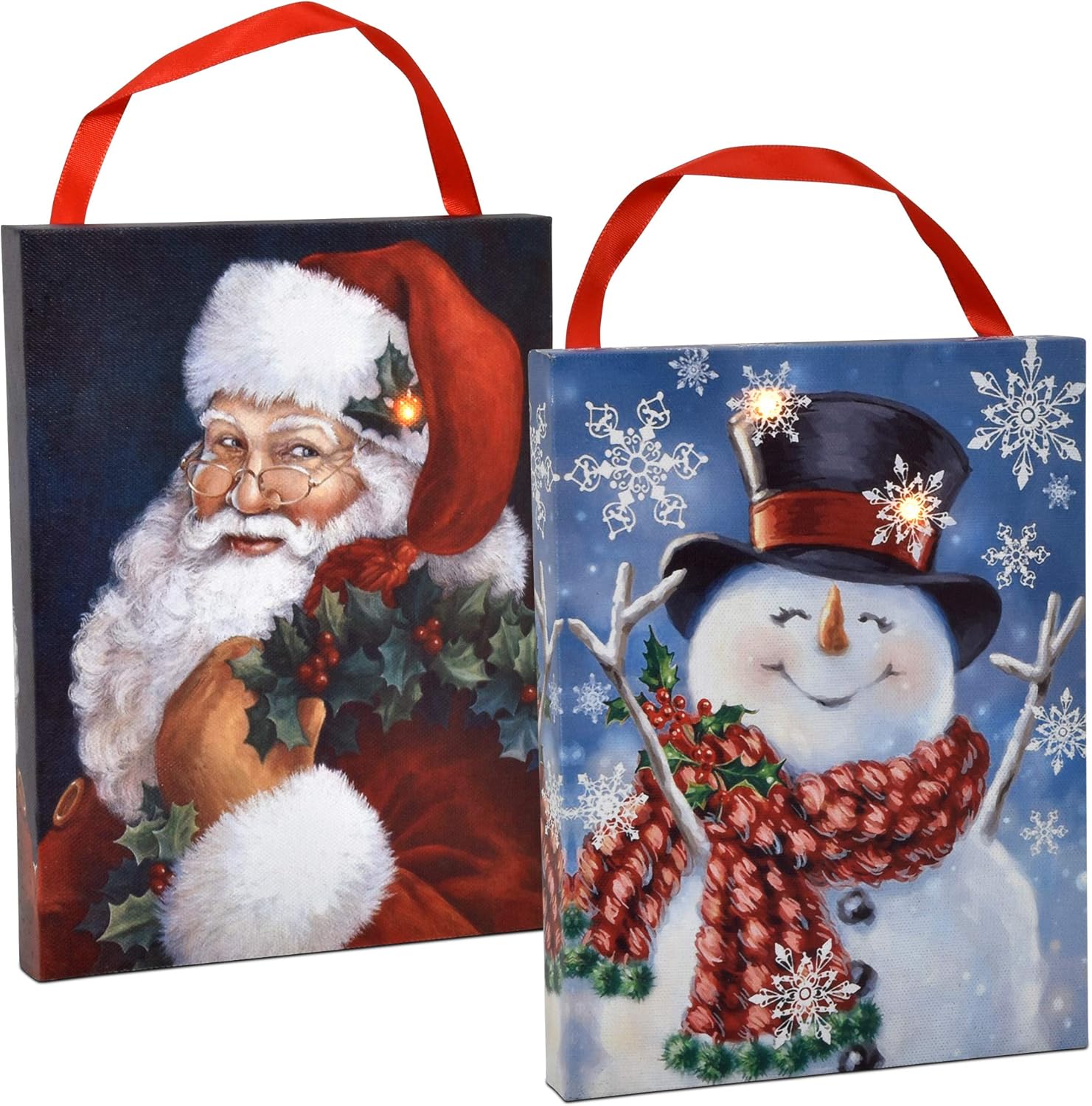 Gift Boutique Christmas Lighted LED Canvas Wall Art, Set of 2 Led Fiber Optic Lights Snowman and Santa Holiday Scene Glow Poster for Door Wall Home Kitchen Porch Decor