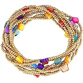 Agriajun Gold Beaded Stretch Stack Bracelets Set for Women, Trendy Stackable Gemstone Bead Elastic Lucky Friendship Bracelet Summer Fashion Jewelry Couple Gift