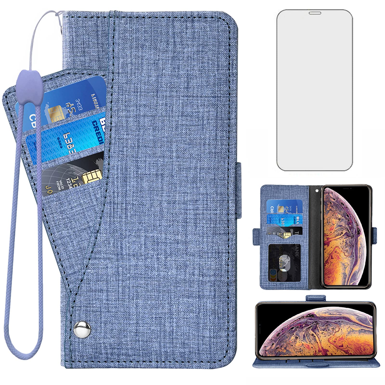 Asuwish Compatible with iPhone Xs X 10 10s Wallet Case Tempered Glass Screen Protector Flip Cover Card Holder Stand Phone Cases for iPhoneX iPhoneXs iPhone10 i PhoneX SX 10x 10xs X’s Women Men Blue