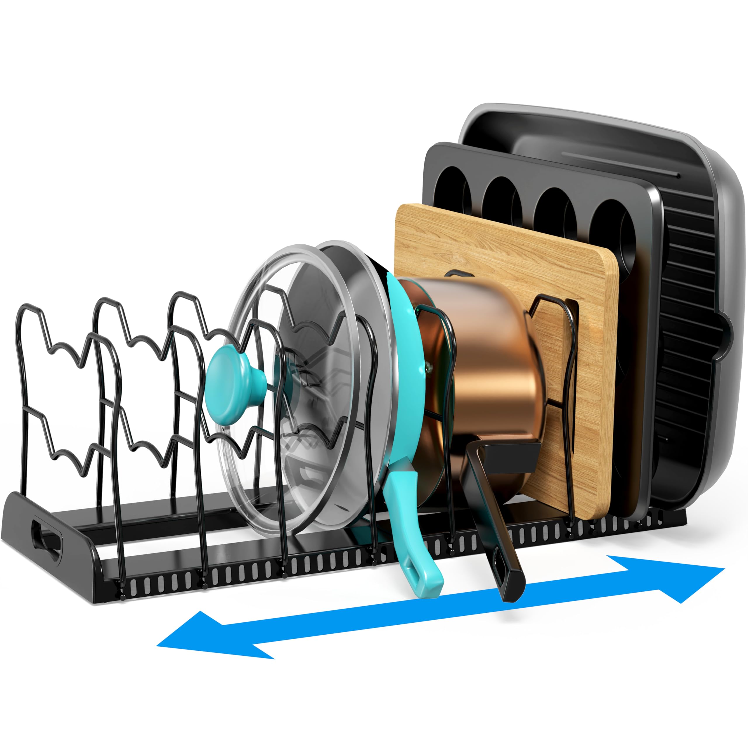 Photo 1 of Simple Houseware Expandable Pan Organizer Rack, 10 Adjustable Compartments, Black - Kitchen Cabinet Organizer for Pots, Pans, Lids & Bakeware - Pantry & Countertop Storage