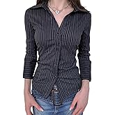 Women Y2K Striped Button Down Shirts Dress Shirts Long Sleeve Gingham Tee Collared Office OL Work Shirt Blouse Top