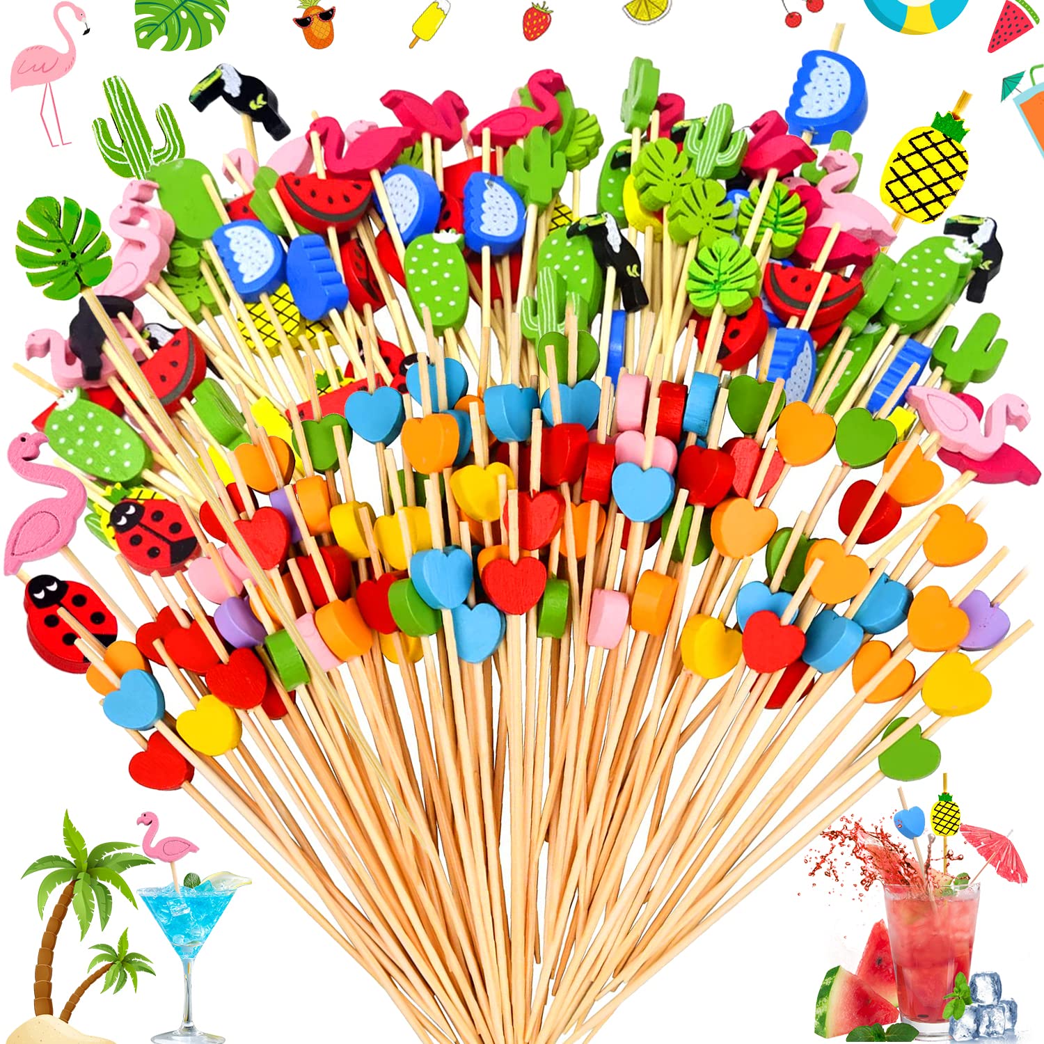 Pack of 200 Cocktail Picks Wooden Toothpicks, Cocktail Sticks Colourful, Cocktail Accessory Decoration Set, with Heart, Watermelon, Pineapple, Pink Flamingo, Cactus, Good for Bar, Party, Children