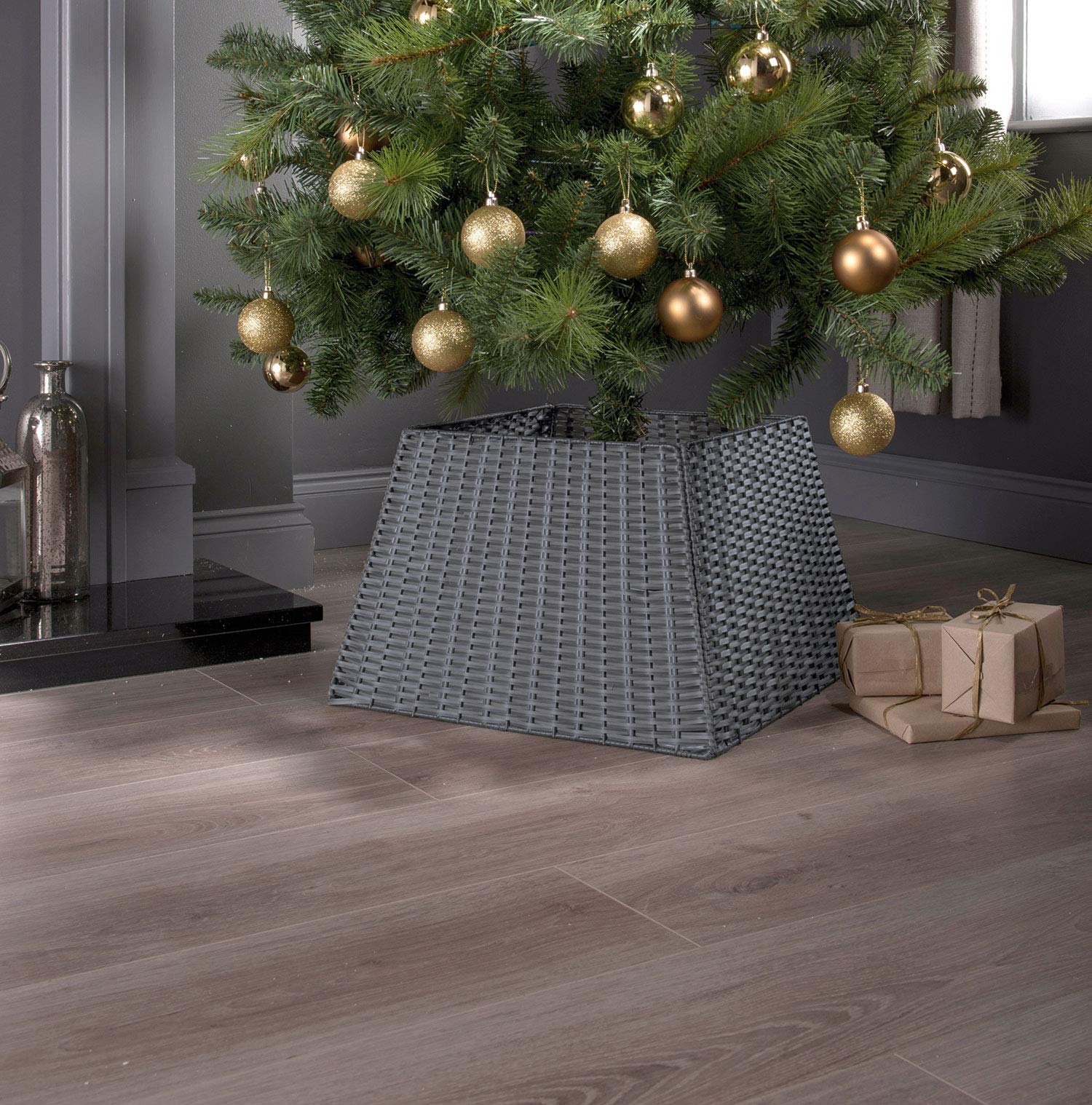 Taylor & Brown Large Xmas Christmas Tree Rattan Wicker Skirt Stand Base Natural Folding Collar Basket Cover Decoration Tidy Home Decor 45 x 33 x 30cm, Grey