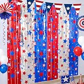 3 Pack 4th of July Decorations Red White and Blue Metallic Foil Fringe Curtains Streamers Patriotic Photobooth Props Party Backdrop for 4th of July Independence Day Photo Backdrop Party Supplies
