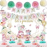 Floral Tea Party Decorations Let's Par Tea Decorations with Floral Tea Honeycomb Centerpieces Tea Hanging Swirl Banner Backdrop Flower Ball for Birthday Baby Shower Wedding Tea Party Supplies
