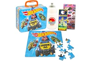 Hot Wheels Tin Lunch Box Puzzle Set - Bundle of Race Car Lunchbox with 48 Piece Puzzle, Water Bottle, Stickers, More | Hot Wheels School Supplies