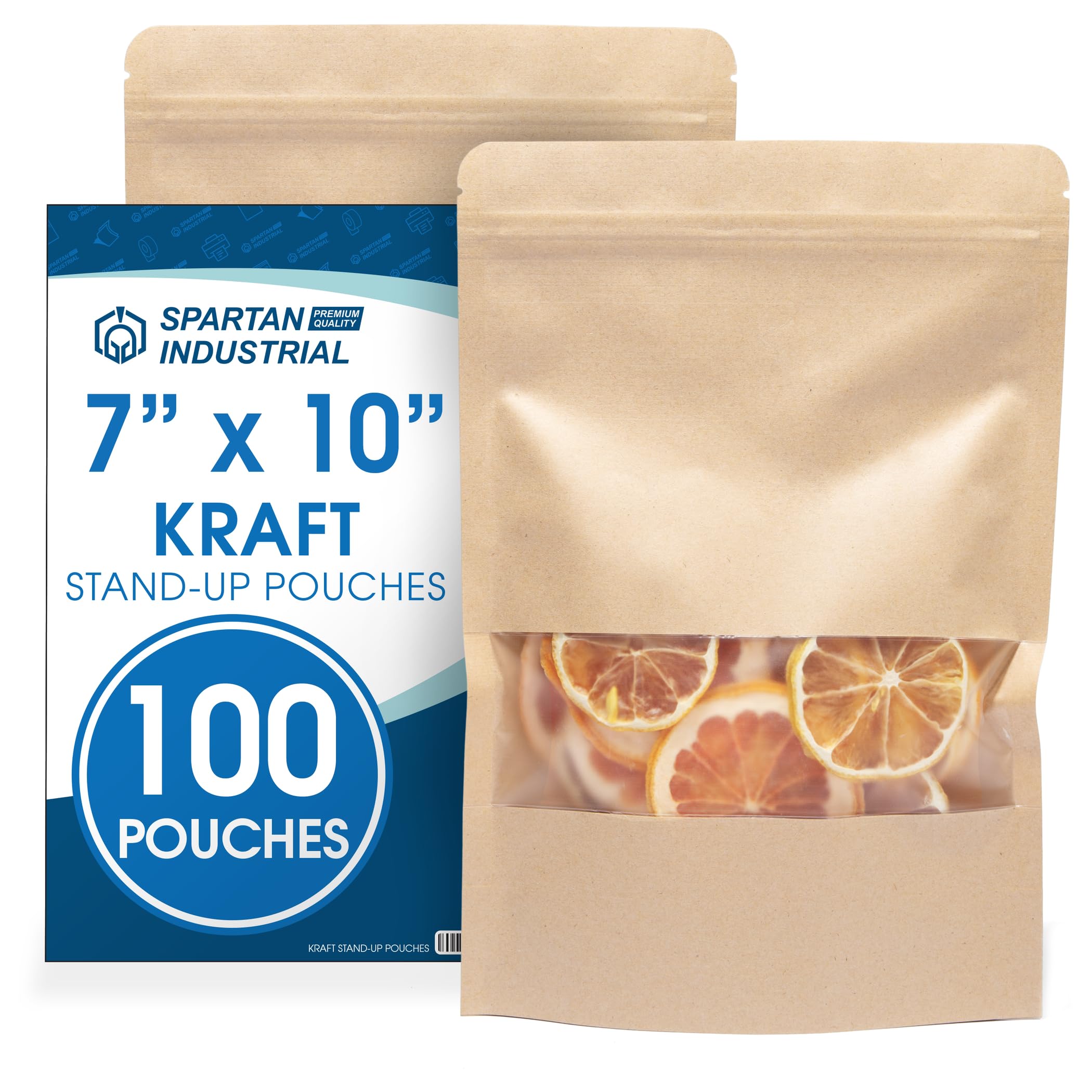 Photo 1 of Spartan Industrial - 7" X 10" Kraft Stand-Up Pouch Bags - Pack of 100 Large Smell-Proof Bags for Bulk Food Packaging, Homemade Treats, Bath Products, and More