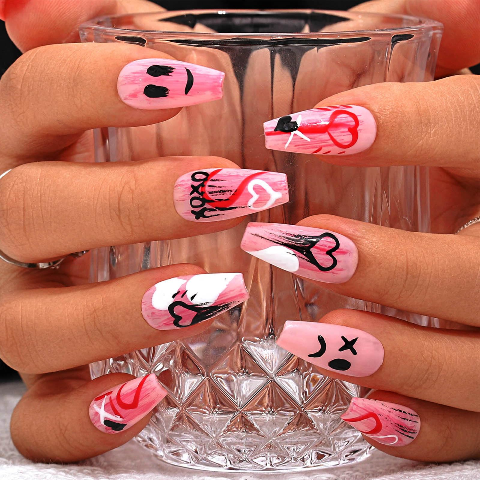 Sethexy Handmade Long Coffin False Nails Aurora Gradient Fake Nails Rhinestone Glitter Glossy Press On Nails Crystal Acrylic Sparkle Salon Quality Nail Art Removable for Women and Girls (M)