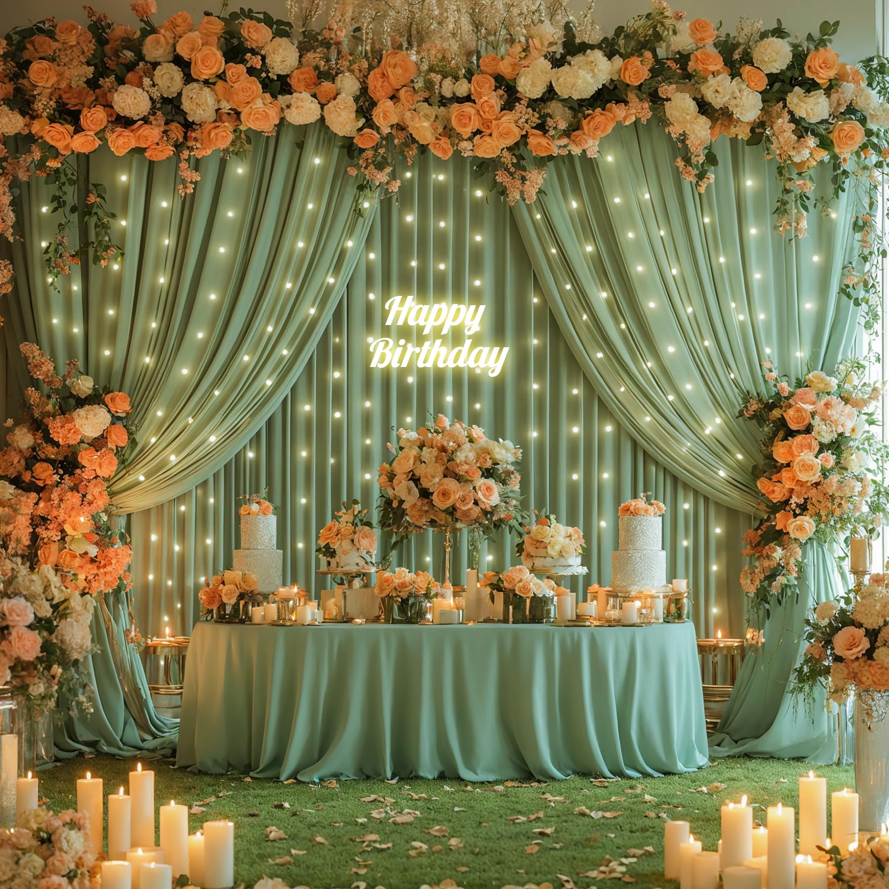 Photo 1 of 10x10ft Sage Green Backdrop Curtains with Lights Wrinkle Free Fabric Backdrop Curtain for Wedding Birthday Party Baby Shower Photo Shoot Bridal Shower Home Party Background Decorations