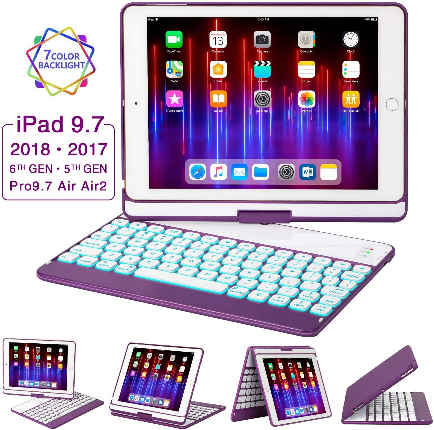 iPad Keyboard Case 9.7 for iPad 2018 (6th Gen) - 2017(5th Gen) - iPad Pro 9.7 - Air 2 & 1, 360 Rotate 7 Color Backlit Wireless/BT iPad Case with Keyboard, Auto Sleep Wake, 9.7 inch, Purple