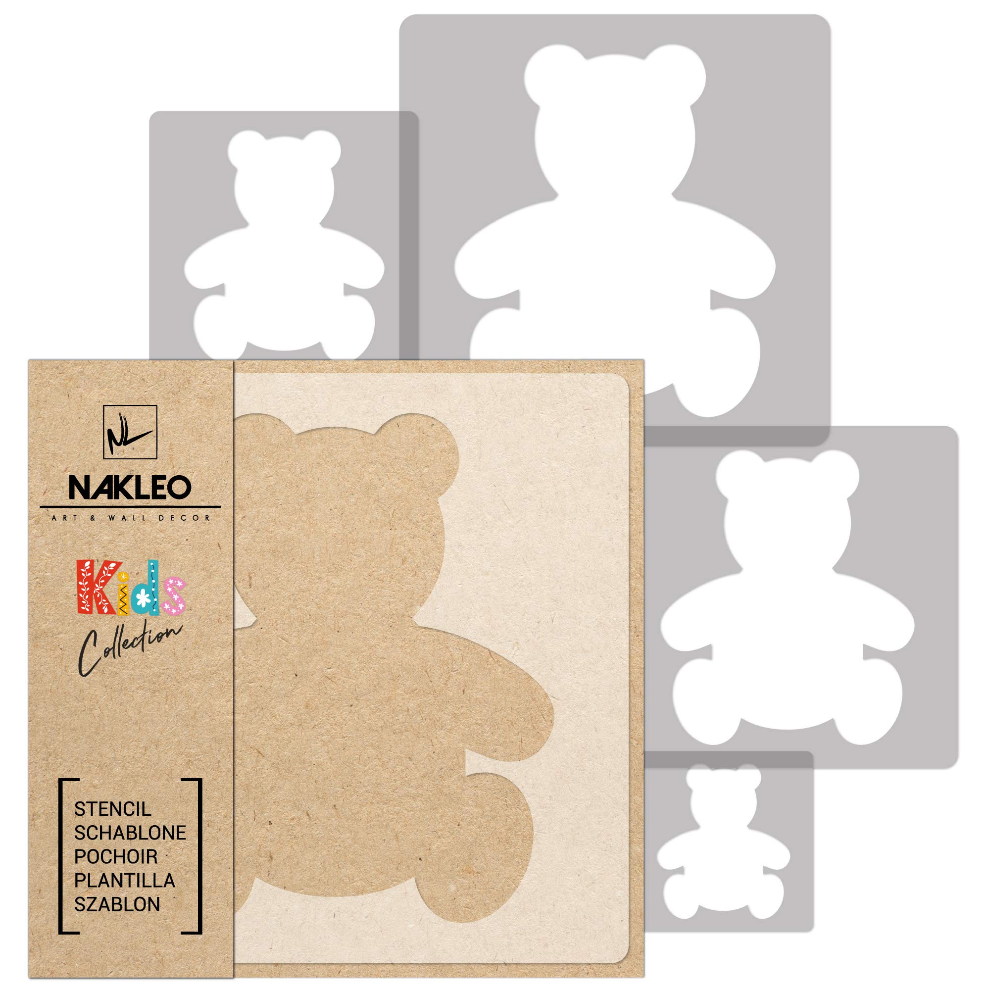 NAKLEO Painting Stencils Set for Nursery Room, 5 Pcs Templates 9x9 to 34x34cm Teddy Bear Plush, Plastic and Reusable Drawing Stencils, Decor, Craft DIY Wall Furniture