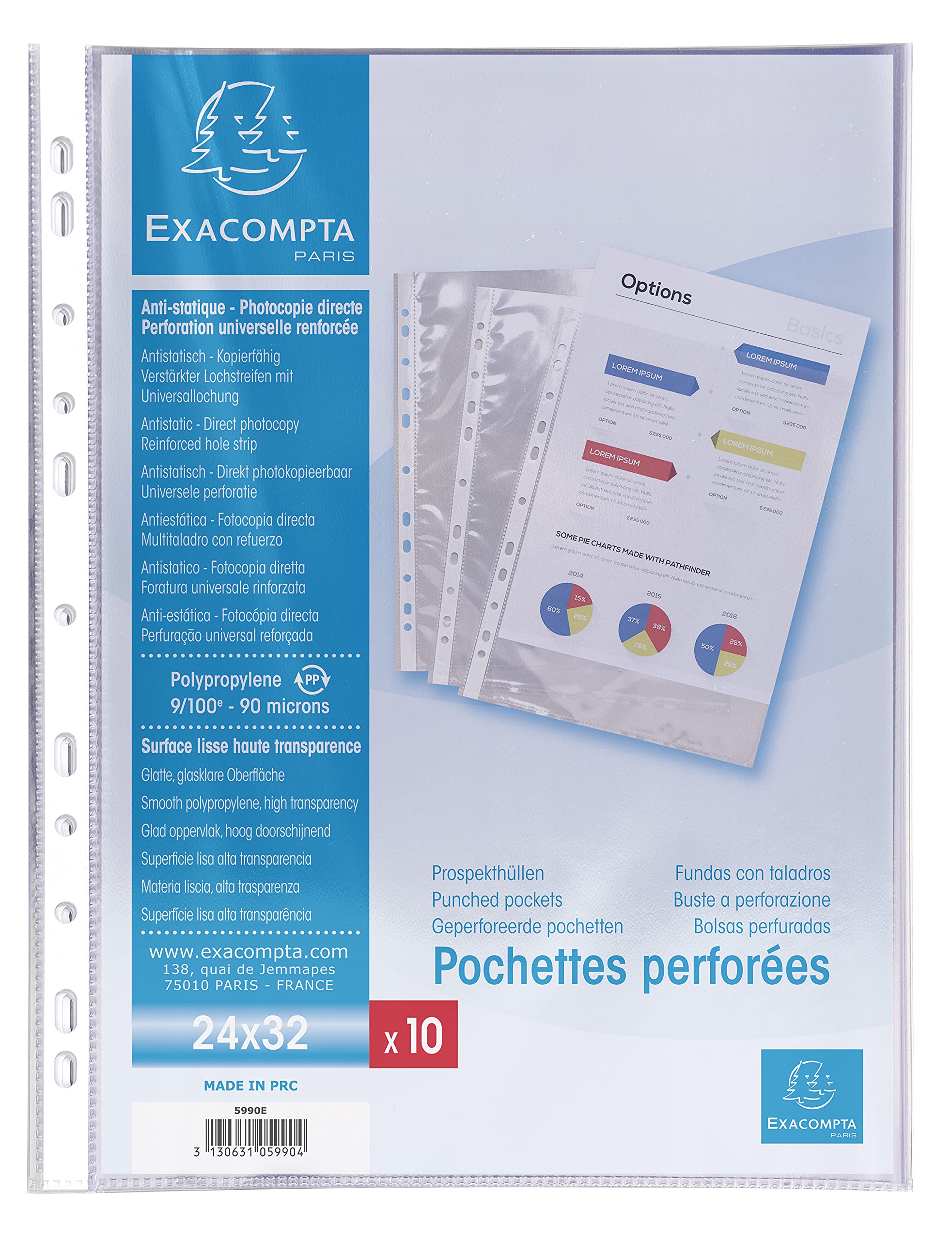 Exacompta - Ref 5990E - Punched Pockets - 270 x 325mm in Size, Suitable for A4+ Documents, 90 Micron Polypropylene, Reinforced Punched Spine - Clear (Pack of 10 Pockets)