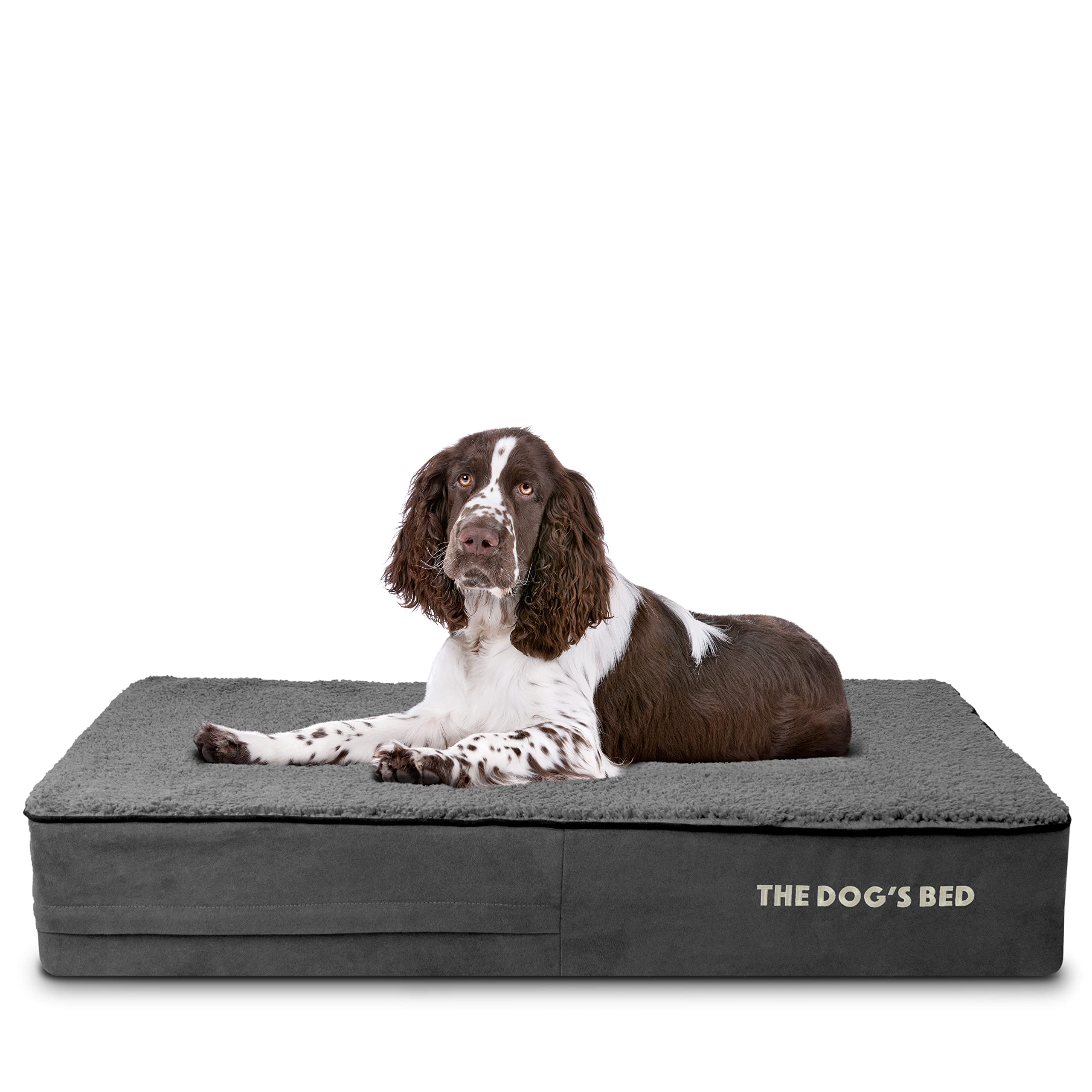 The Dog’s Bed Orthopaedic Memory Foam Dog Bed for Large Dogs, Waterproof Support Mattress, Removable Washable Cover, Pressure Relief & Joint Support, Grey Plush, 15cm Thick