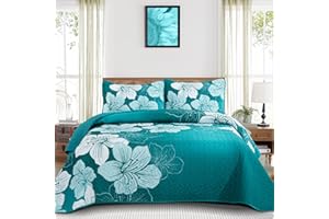 DJY Floral Queen Quilt Set Gradient Green Floral Quilt Coverlet Set 3 Pieces Botanical Bedspread with 2 Pillow Shams Elegent Lightweight Flower Bedding Quilts Set for All Season 90''x96''