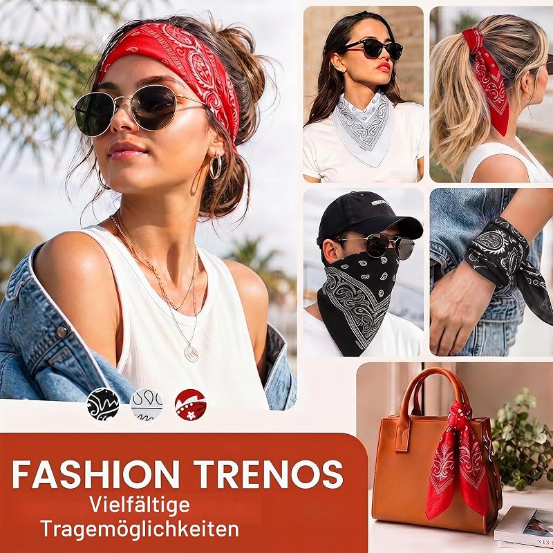3 Stück 100% Baumwoll Bandanas - Paisley Bandana Damen Herren Kopftuch Tuch in Rot Schwarz Weiß für Mundschutz, Sport, Schweißband, Sonnenschutz, Haaraccessoire, Alltag, Reisen — Foto 6 von 7