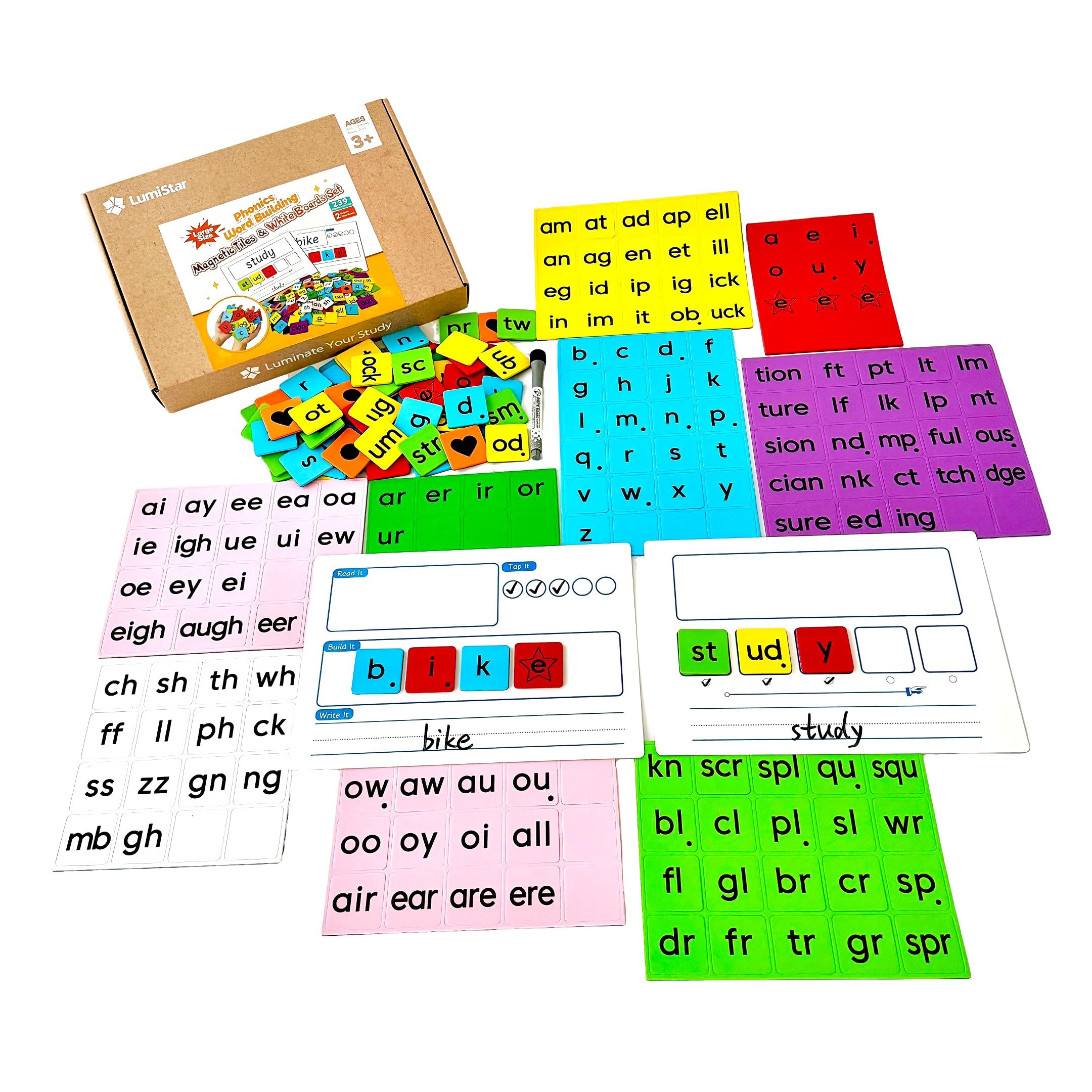 Large Size Phonics Word Building Magnetic Tiles Set, 239 Pieces Color-Coded Magnet Tiles with 2 Magnetic Spelling Boards, Phonics Manipulatives Classroom Must Have Magnetic Letter Tiles Phonics Kit