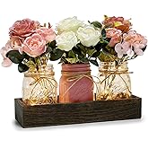 Nagobi Valentine's Day Mason Jar Centerpiece Table Decor for Dining Room Farmhouse Coffee Table Decor with Wood Tray Fairy Lights Fake Flowers for Kitchen Living Dining Room - Pink White, 11 inches