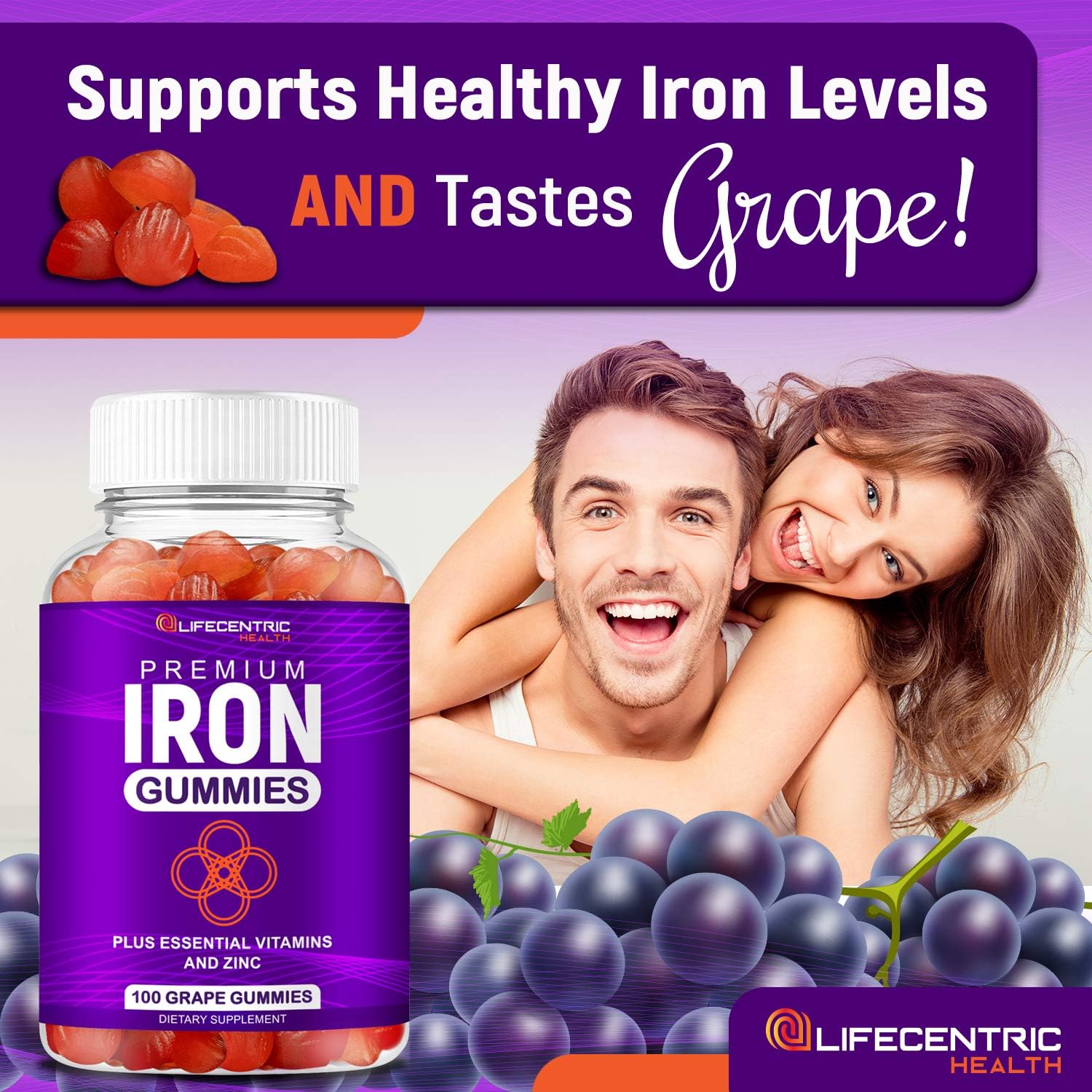 Iron Gummies for Adults and Kids | Biotin Zinc Vitamin B Folic Acid Vitamin Gummies | Vegan Gluten Free Blood Builder Anemia Supplements | Tasty Energy Boosting Iron Supplement for Women and Men: Health & Personal Care