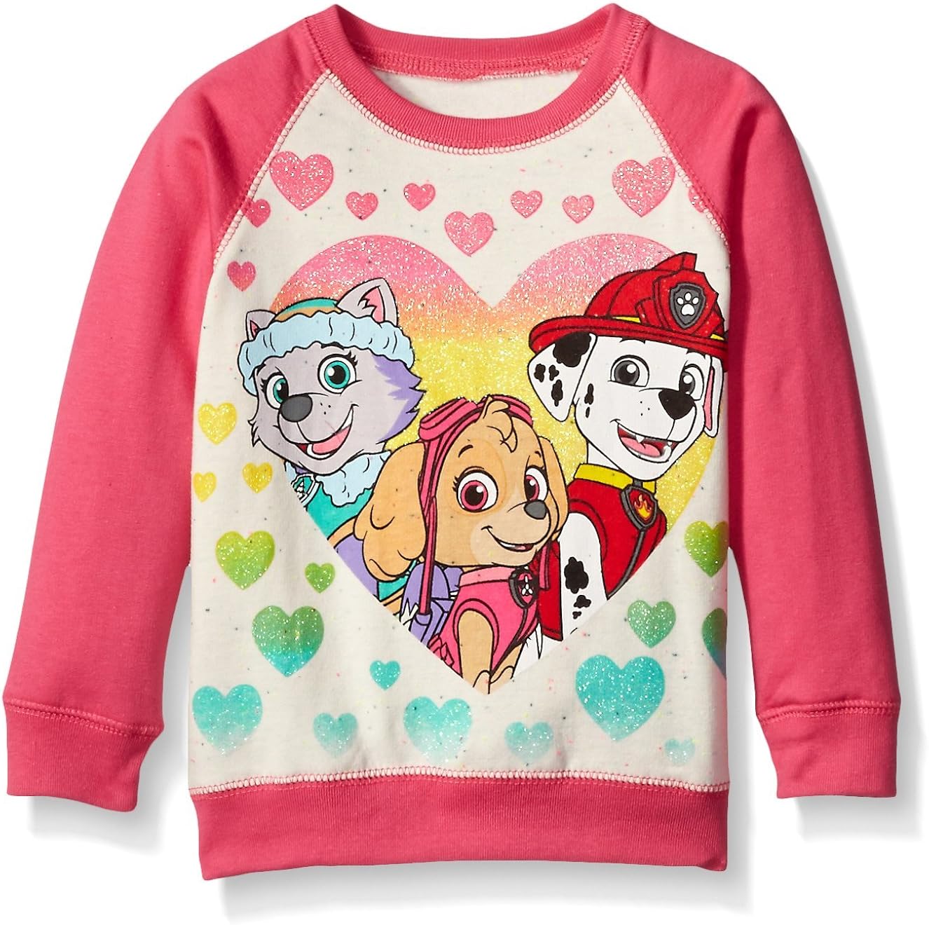 Paw Patrol Little Girls' Toddler Skye, Everest, and Marshall Hearts French Terry Sweatshirt, Cream/Pink, 3T: Clothing