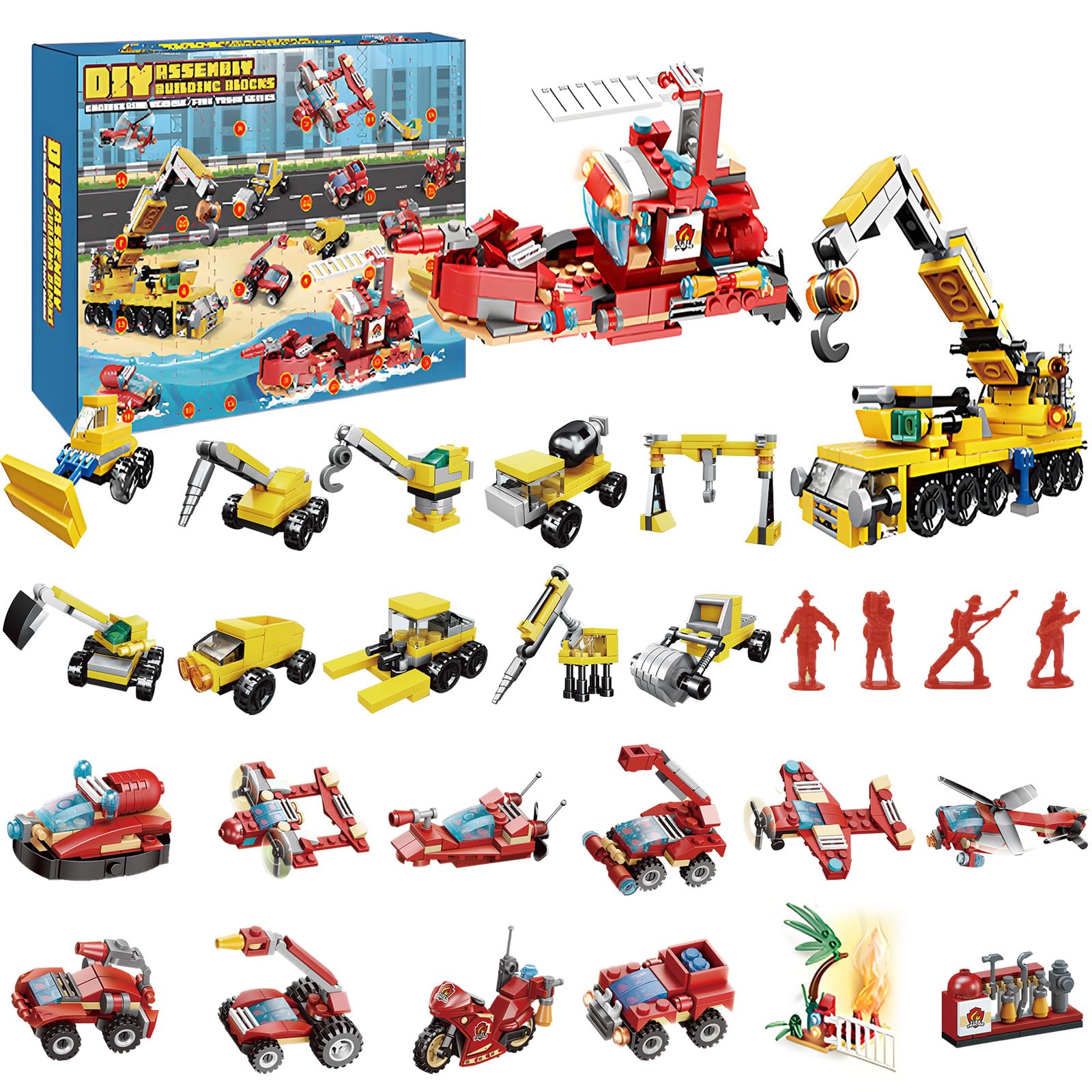 Advent Calendar, 24 Days Christmas Countdown Surprises for Kids Toys, Engineering Vehicle & Fire Engine Building Blocks Toy Set, 12-in-1 24PCS Blocks Toys, Gift for Boys Girls