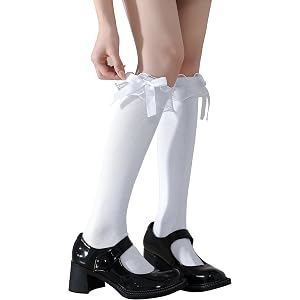 DONBIQI Women's Lace Bow Ruffled Knee High Socks, Long Cotton Dress Socks