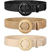 TRIWORKS 3 Pack Straw Woven Stretch Belt for Women,Raffia Elastic Belt for Dress Wide Boho Waist Belt with Round Buckle
