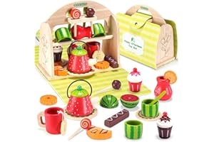 GNAYUIJ Wooden Tea Party Set for Little Girls Boys,Toddler Picnic Tea Set Food and Carrying Case Pretend Play Kitchen Toy -Montessori Learning Toys for 3-8 Years Old Kids Birthday Gifts
