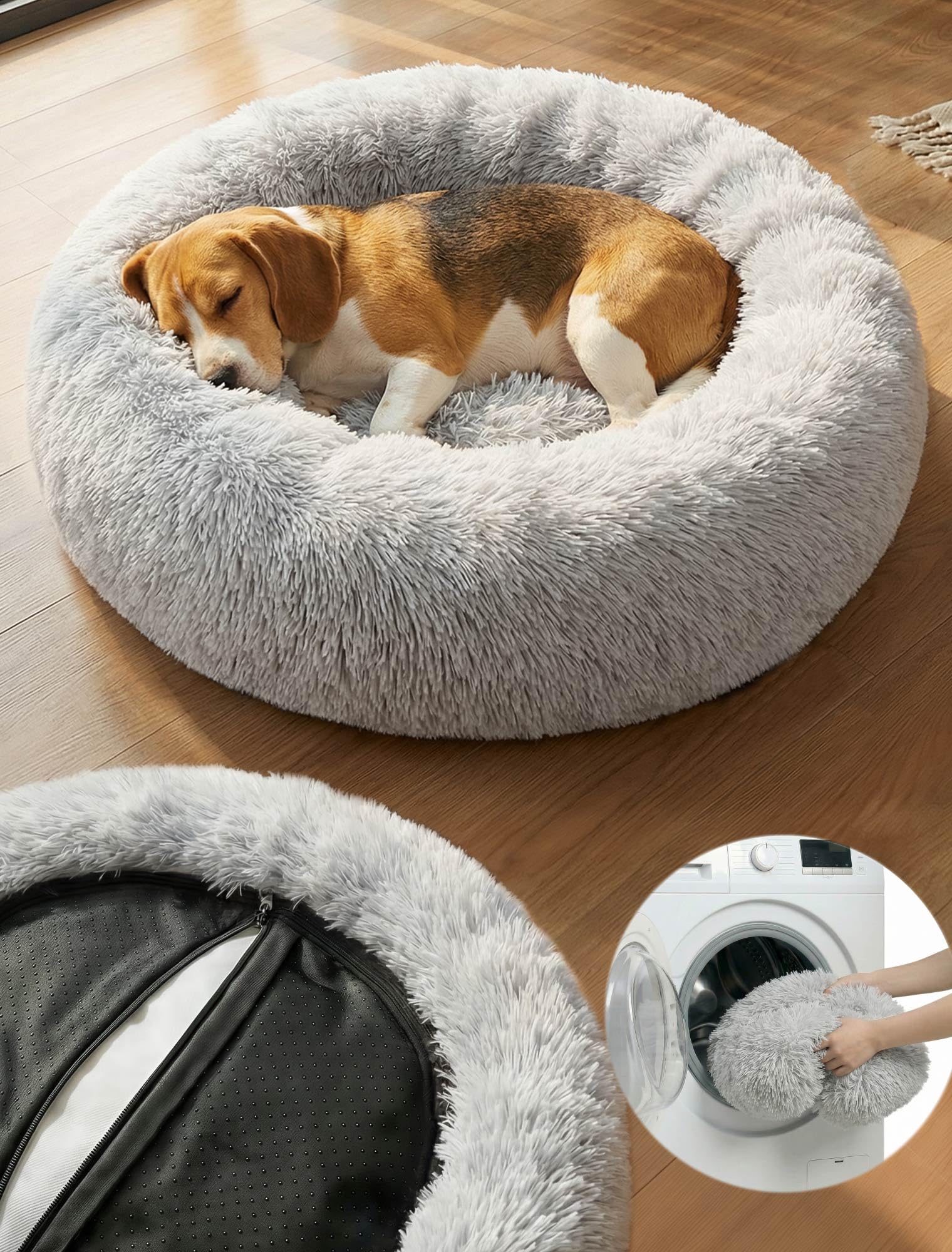 Moistu Dog Bed Medium with Removable Cover - 60cm Nest Washable Donut Cat Dog Bed with Zip, Durable for 50+ Wash Cycles, Anti Anxiety Calming Fluffy Orthopedic Pet Beds, Non-slip Waterproof
