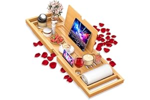 Premium Bamboo Bathtub Caddy Tray with Extending Sides, Adjustable Wood Bath Tray for Luxury Bath, Fits Most Tubs, Accessorie
