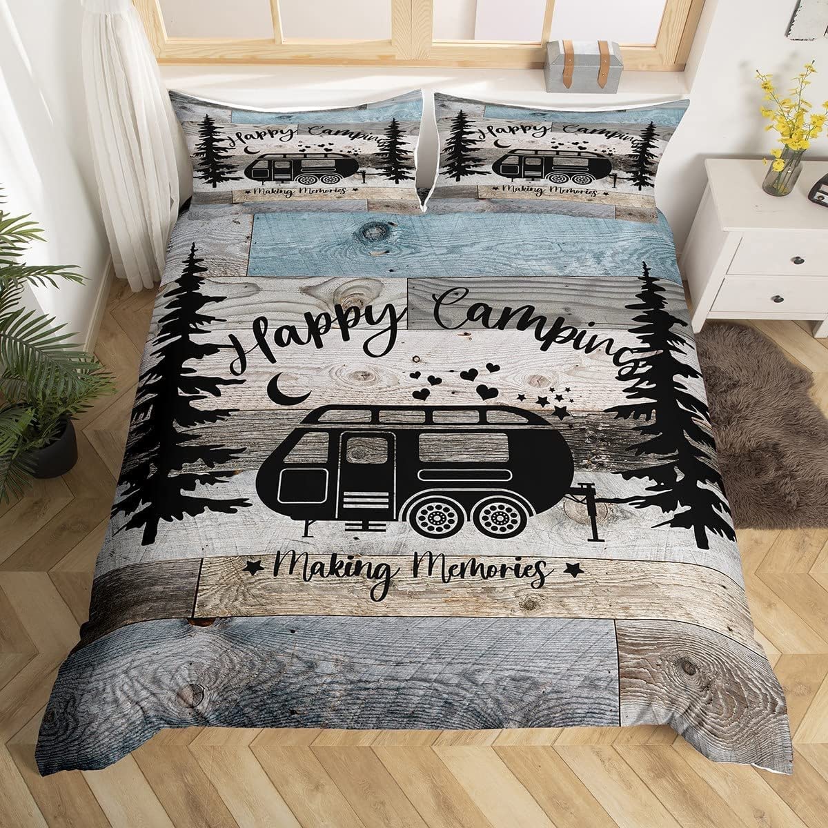Homewish Rustic Farmhouse Style 3-Piece Happy Camping Duvet Cover Set for Boys, Kids, Teens - Black Sketch Drawing Comforter Cover, Vintage Old Barn Door Design - Double Size