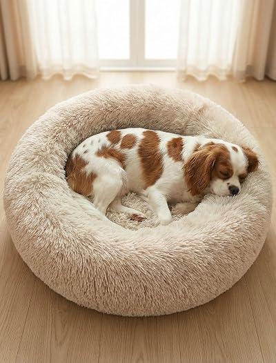 OKPOW Donut Dog Bed Calming 60cm Beige Washable Round Plush Non Slip