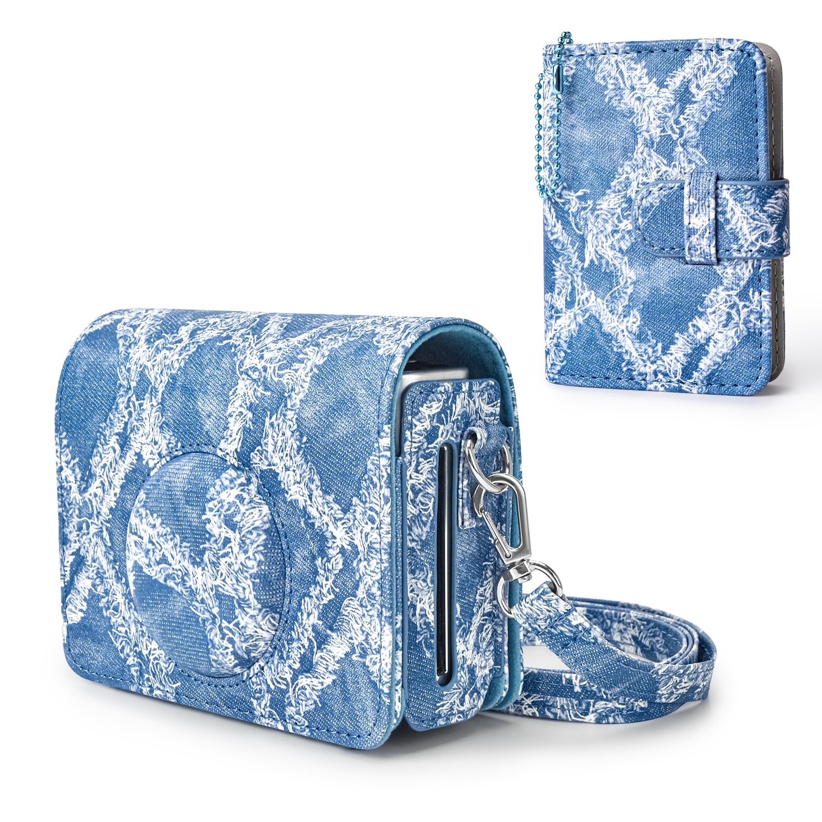 HIYQIN Denim Leather Case and Album Compatible with Fujifilm Instax Mini EVO, Upgraded Protective Carry Case for Instax Mini Evo - Mini Evo Protective Cover - Denim
