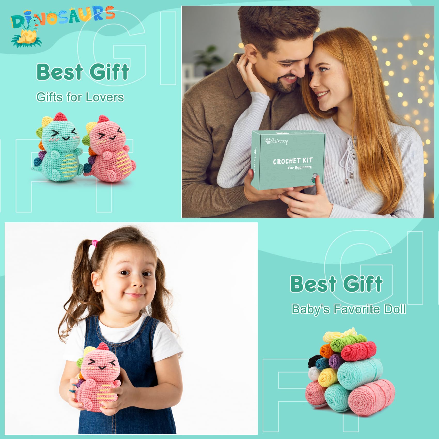Faircosy Dinosaur Crochet Kit for Beginners: 2PCS Crochet Animal Kits for Adults - Learn to Crocheting Cute Amigurumi Starter Kit with Written Pattern & Video Tutorials (40%+ Yarn Extra)
