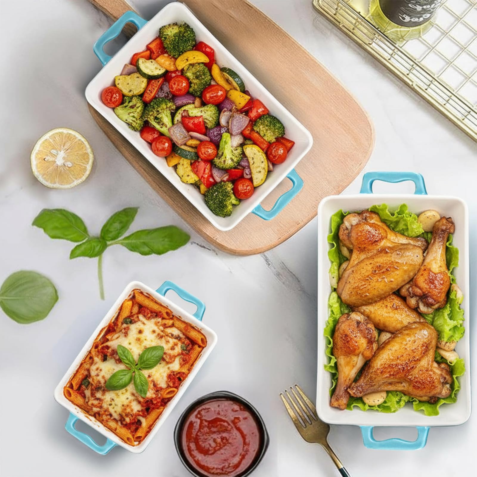 Hacaroa Set of 3 Ceramic Baking Dishes, Rectangular Bakeware with Handles, Elegant Casserole Dish Set Lasagna Pan for Baking, Cooking, Cake Dinner, Banquet, Lake Blue, 3 Sizes