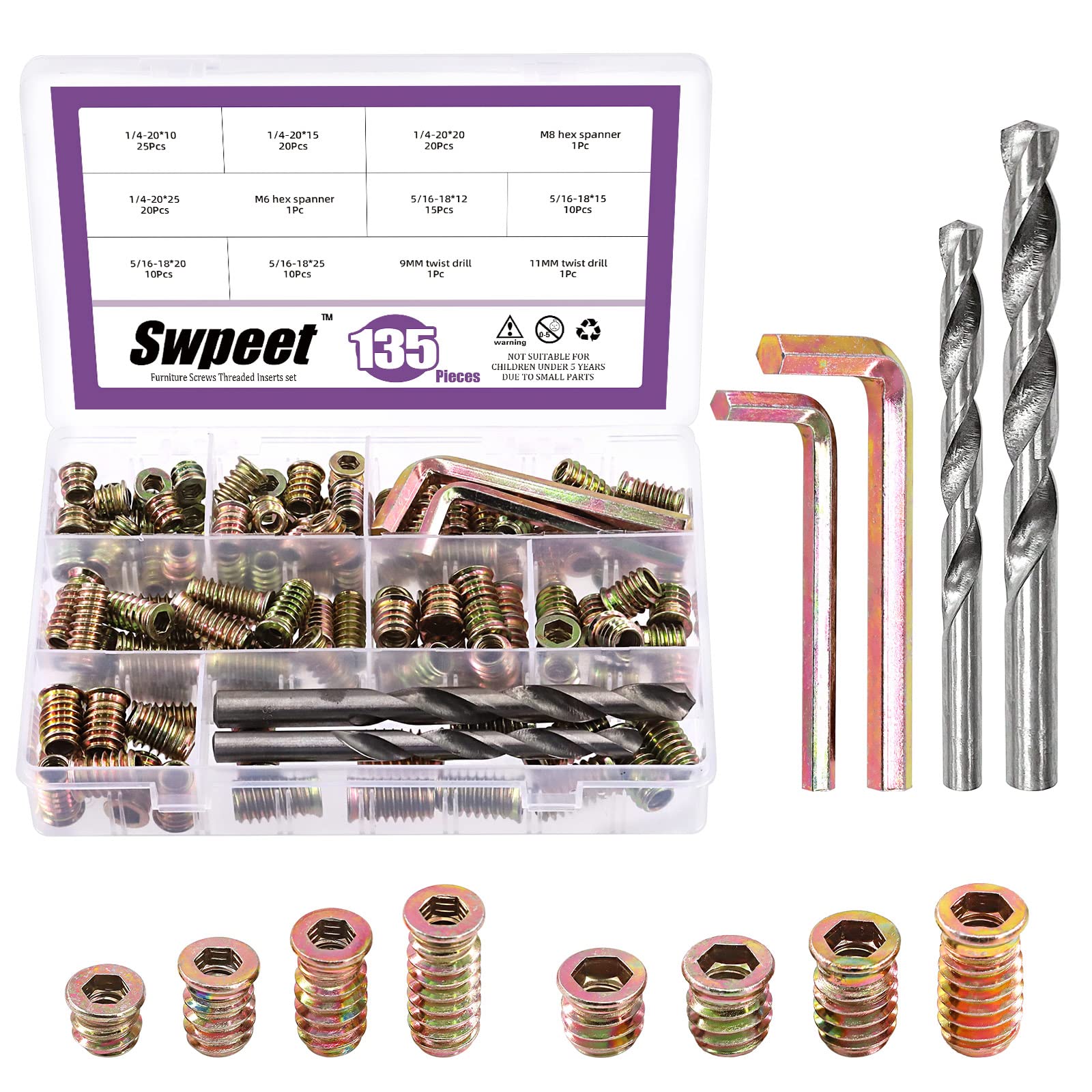 Swpeet 135Pcs Carbon Steel Color Zinc Plated Wood Inserts