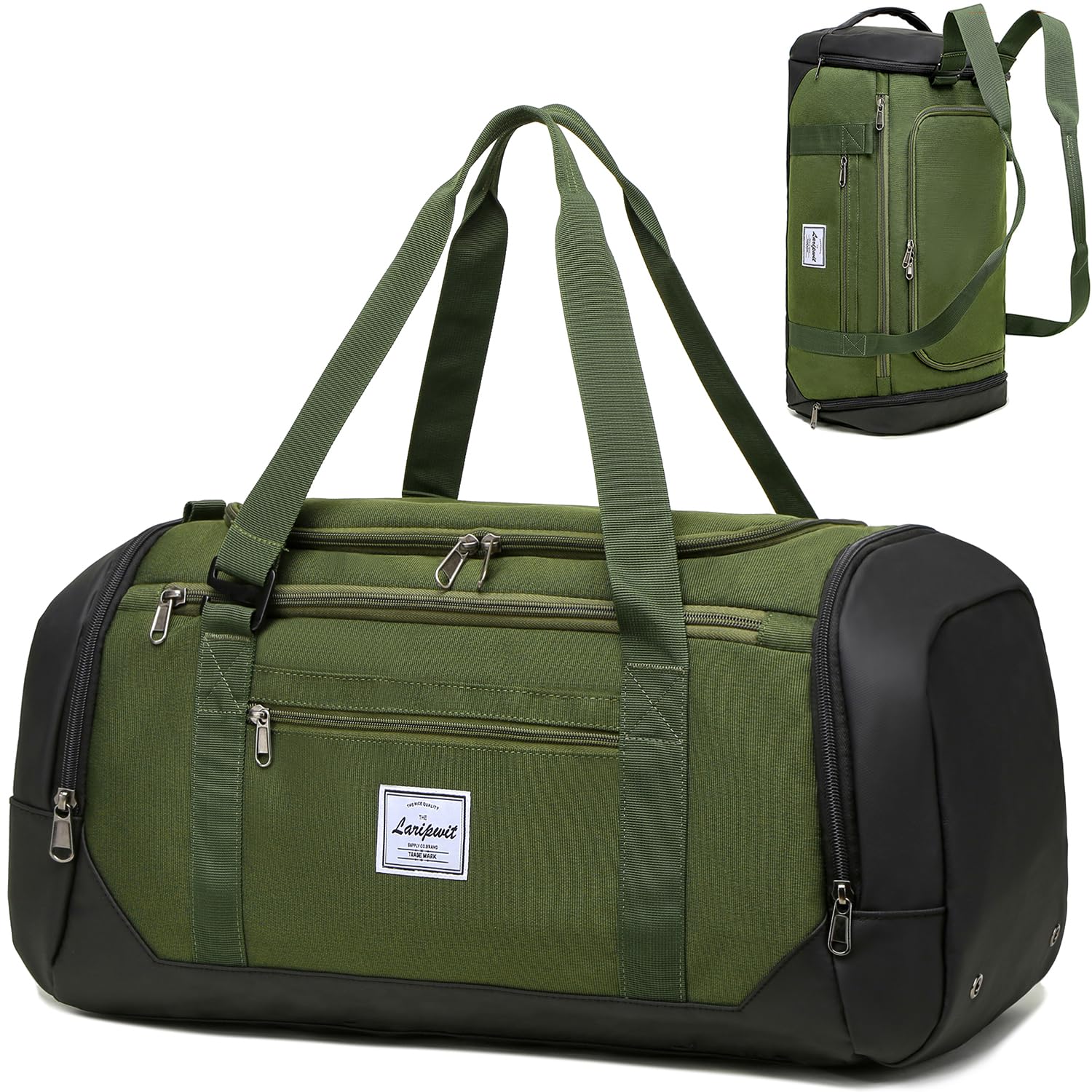 Laripwit Sports Gym Bag for Men, 40L Travel Duffle Bag with Shoe Compartment & Wet Pocket, Lightweight Duffel Bag Backpack Multipurpose Weekend Overnight Sports Holdall for Women, Green