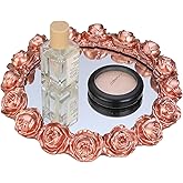 Pink Rose Mirrored Vanity Tray - Ornate Makeup Vintage Round Perfume Dresser Jewelry Trinket Organizer for Bathroom Storage Home Decor