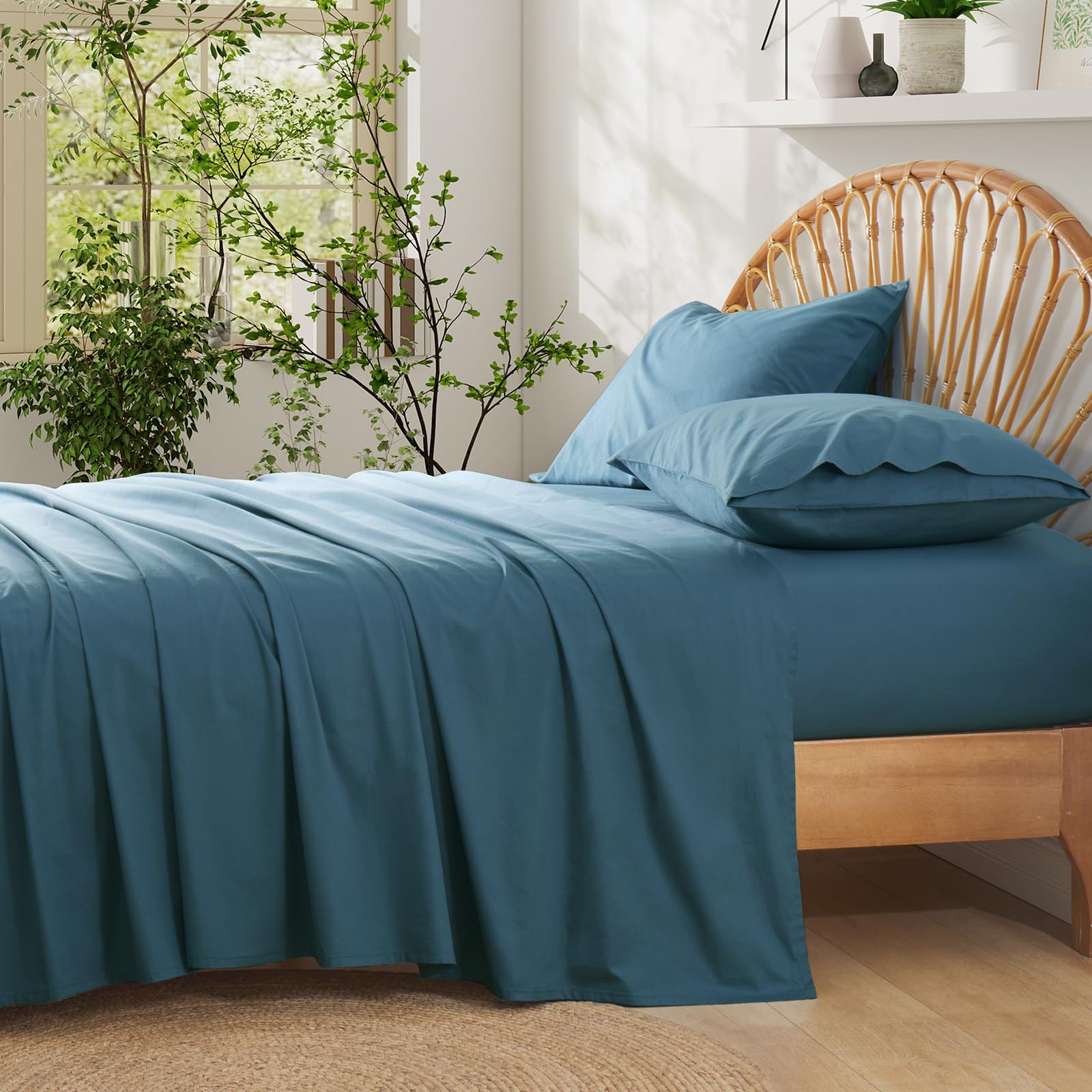 Photo 1 of Entisn Pure Cotton Sheets Queen Size Bed Set 4 Pieces, 400 Thread Count Cotton Sheet Set with All Around Elastic for Snug Fit, All Seasons Breathable & Soft Bedding, 16 Inch Deep Pocket, Dusty Blue